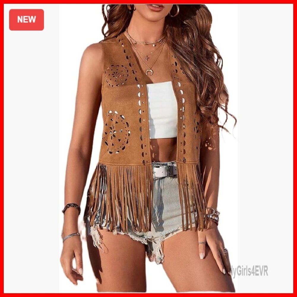 Boho Western Tassel Vest Faux Suede Fringe Sleeveless Jacket Open Front